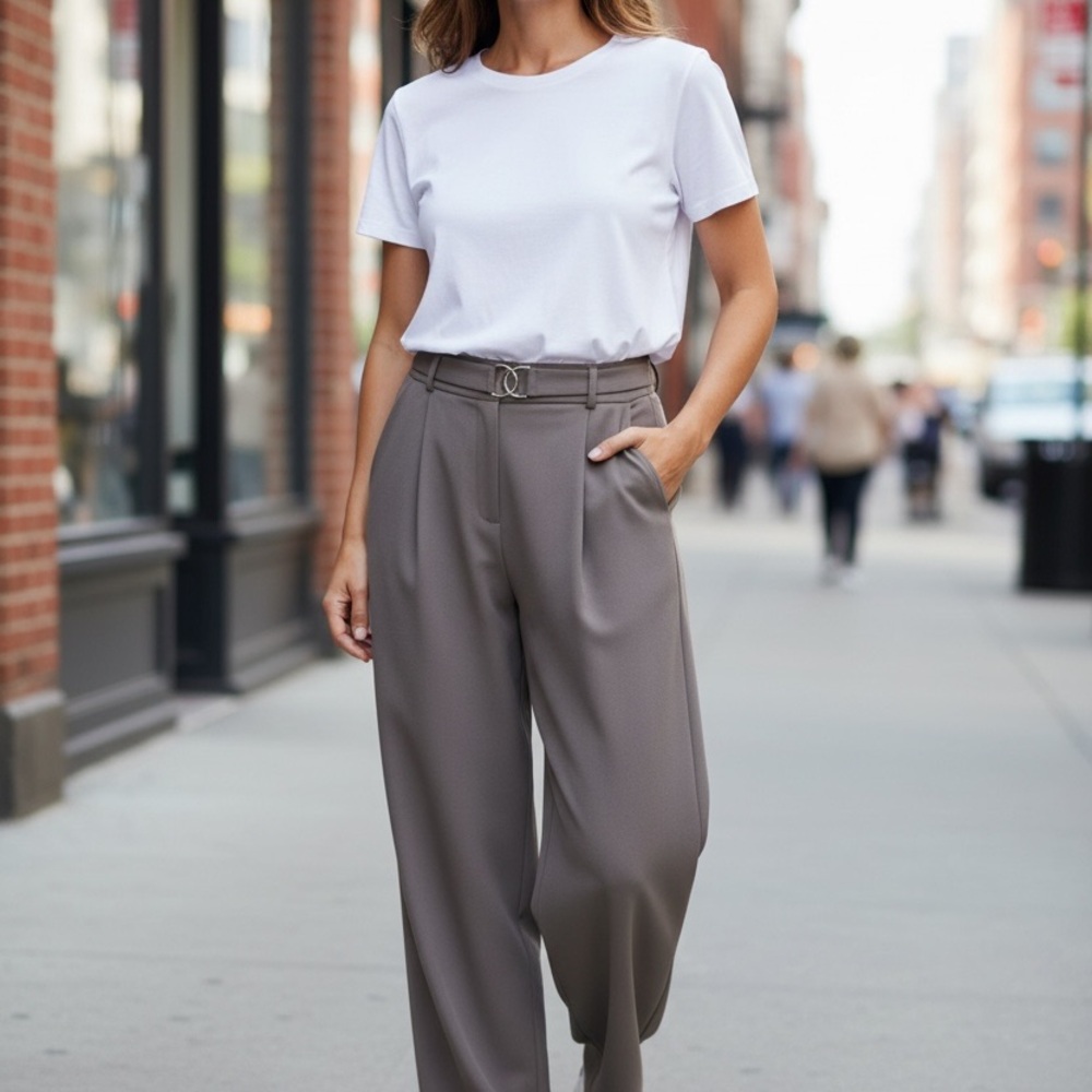 H&M Taupe Wide-Leg High-Rise Trousers with Belt Size L